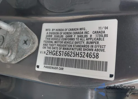 2005 Honda Civic Lx из США, поврежденный, VIN 2HGES16625H524658